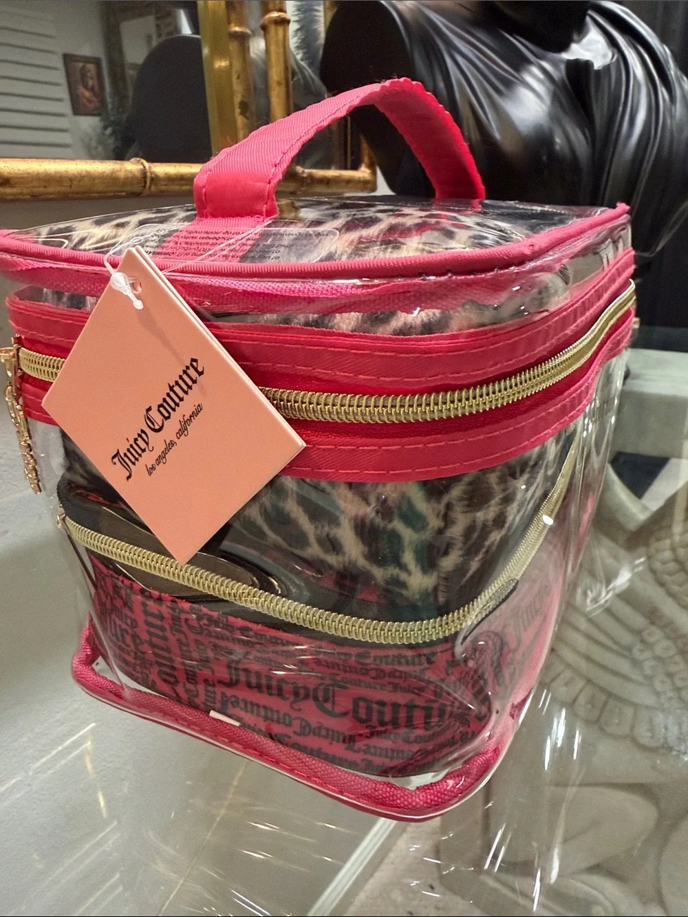 Juicy Couture Clear Cosmetic Case with Hot Pink Trim and Gold Accents